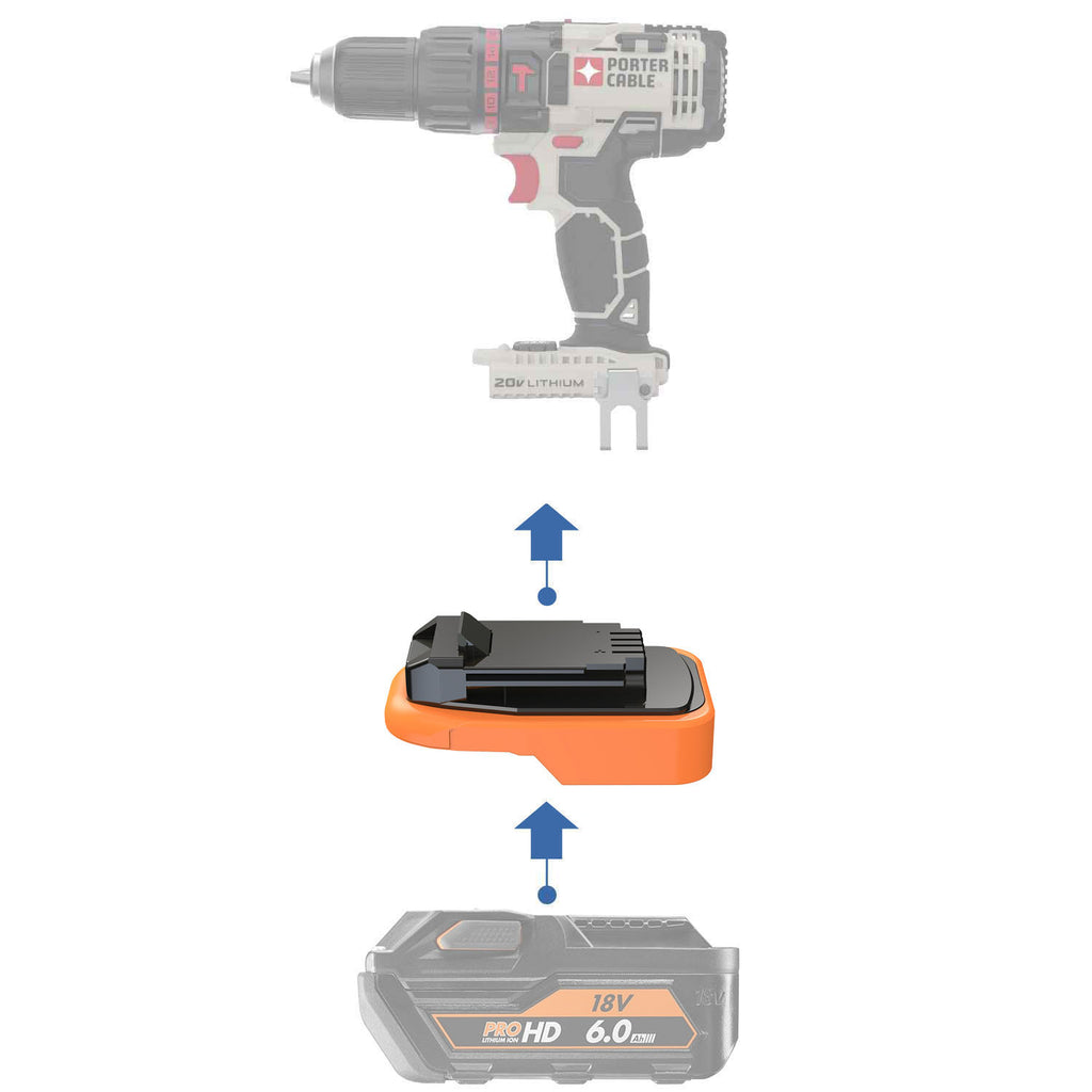 AEG 18V to Porter Cable 20V battery adapter - compatibility diagram showing battery, adapter and hammer drill