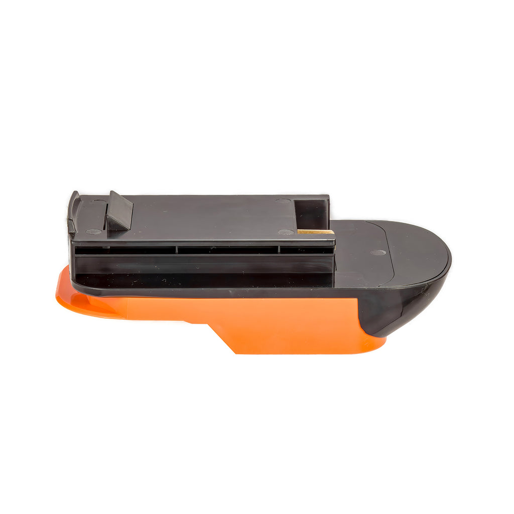AEG 18V to Black and Decker 18V Ni-Cd battery adapter - side view, black tool-side face over the orange body