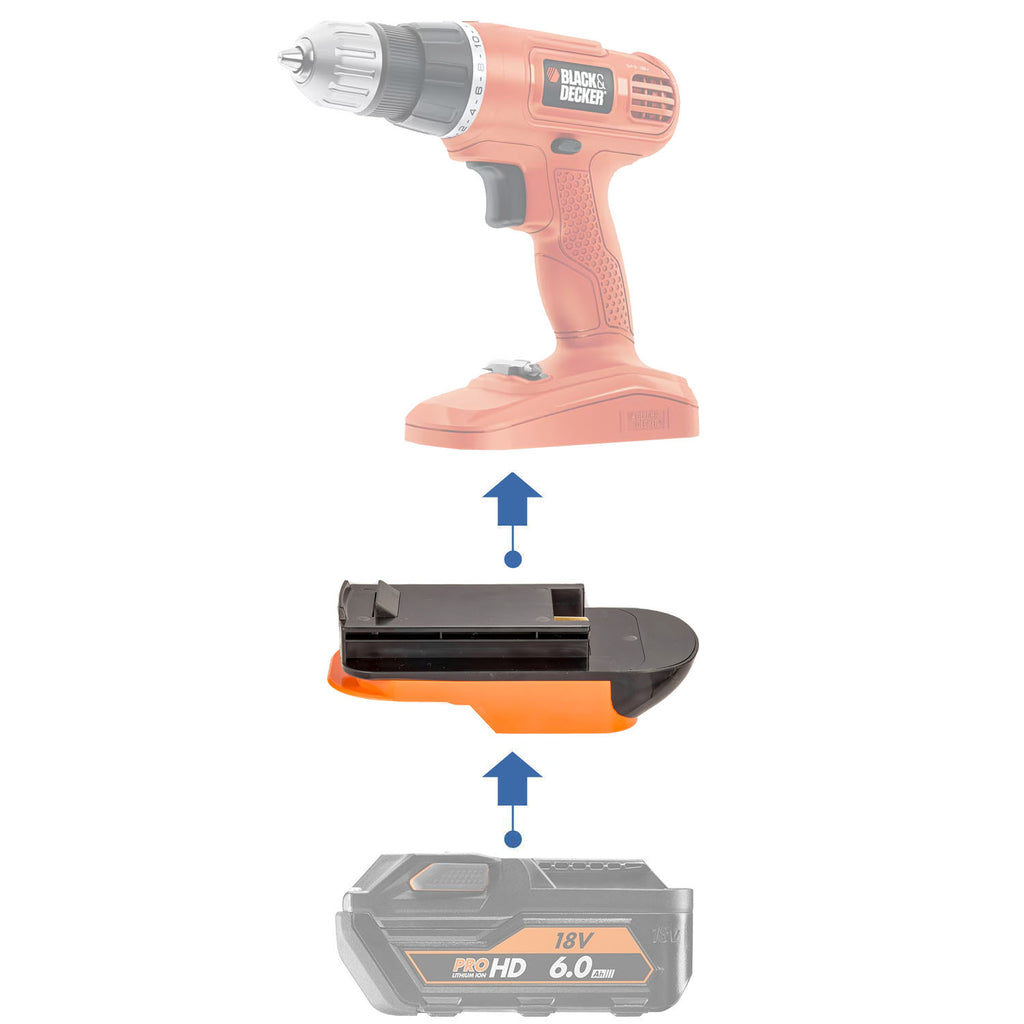AEG 18V to Black and Decker 18V Ni-Cd battery adapter - compatibility diagram showing battery, adapter and drill