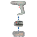 AEG 18V to Bosch 18V PBA (Green) battery adapter - compatibility diagram showing battery, adapter and cordless drill driver