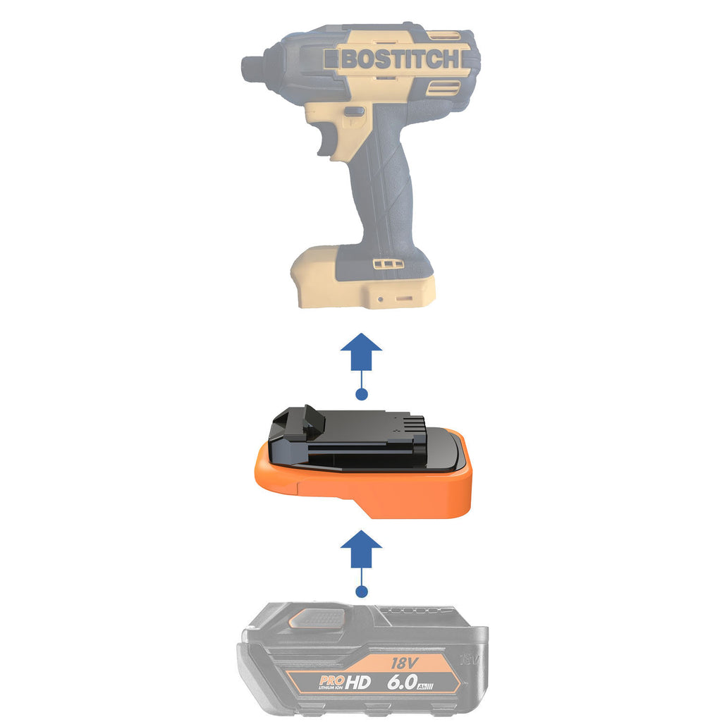 AEG 18V to Bostitch 18V battery adapter - compatibility diagram showing battery, adapter and impact driver