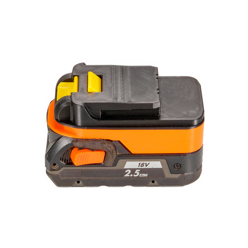 AEG 18V to Chicago Electric 18V battery adapter - Chicago Electric tool-side connection upward, seated on an 18V battery pack