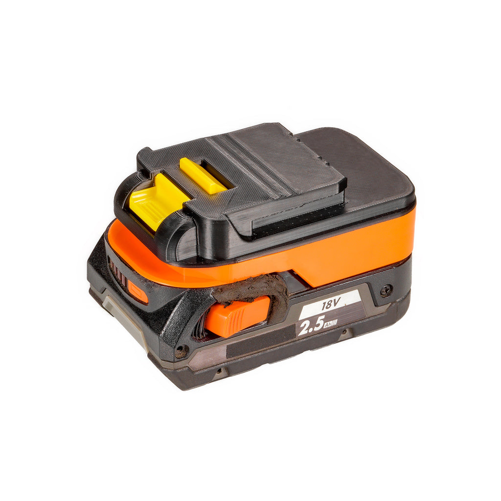 AEG 18V to Chicago Electric 18V battery adapter - Chicago Electric tool-side connection upward, seated on an 18V battery pack