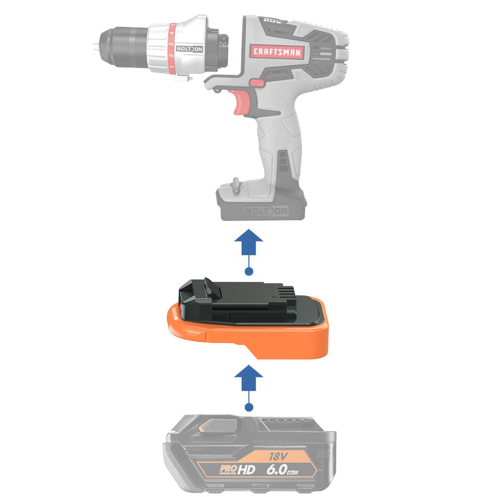 AEG 18V to Craftsman 20V Bolt-On battery adapter - compatibility diagram showing battery, adapter and cordless drill driver
