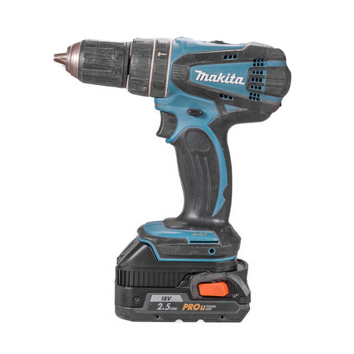 AEG 18V to Makita 18V LXT battery adapter - installed on a Makita hammer drill with the battery below