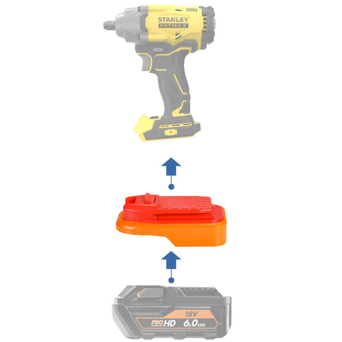 AEG 18V to Stanley FATMAX V20 battery adapter - compatibility diagram showing battery, adapter and impact wrench