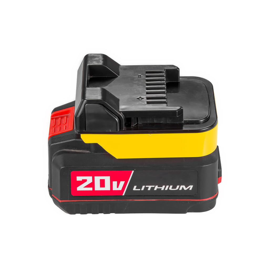 Bauer 20V to Hikoki 18V battery adapter - Hikoki tool-side connection upward, seated on a battery pack