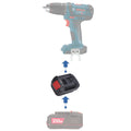Bauer 20V to Bosch 18V GBA (Blue) battery adapter - compatibility diagram showing battery, adapter and drill driver