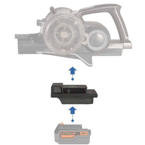 Black and Decker 20V to Hoover 20V ONEPWR battery adapter - compatibility diagram showing battery, adapter and stick vacuum
