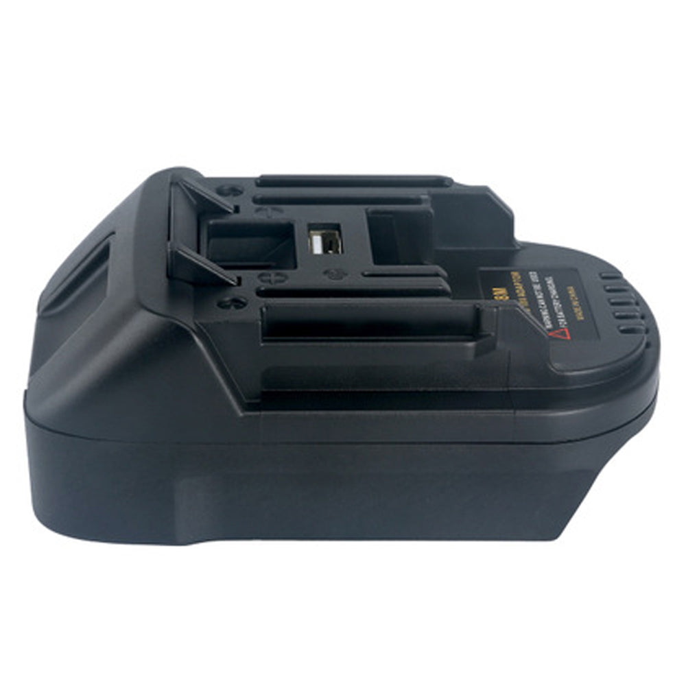 Black and Decker 20V to Makita 18V LXT battery adapter - Makita-side connection and warning label, angled