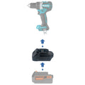 Black and Decker 20V to Makita 18V LXT battery adapter - compatibility diagram showing battery, adapter and drill