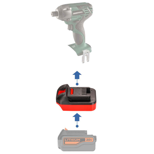 Black and Decker 20V to Masterforce 20V battery adapter - compatibility diagram showing battery, adapter and impact driver