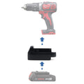 Bosch 18V GBA (Blue) to Milwaukee M18 battery adapter - compatibility diagram showing battery, adapter and hammer drill