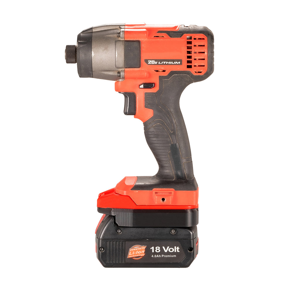 Bosch 18V GBA (Blue) to Bauer 20V battery adapter - installed on an impact driver, seated on a battery pack