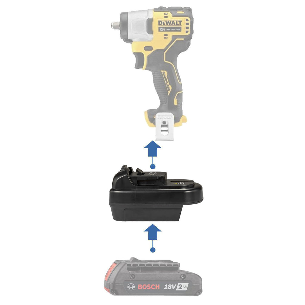 Bosch 18V GBA (Blue) to DeWalt 12V MAX battery adapter - compatibility diagram showing battery, adapter and impact wrench