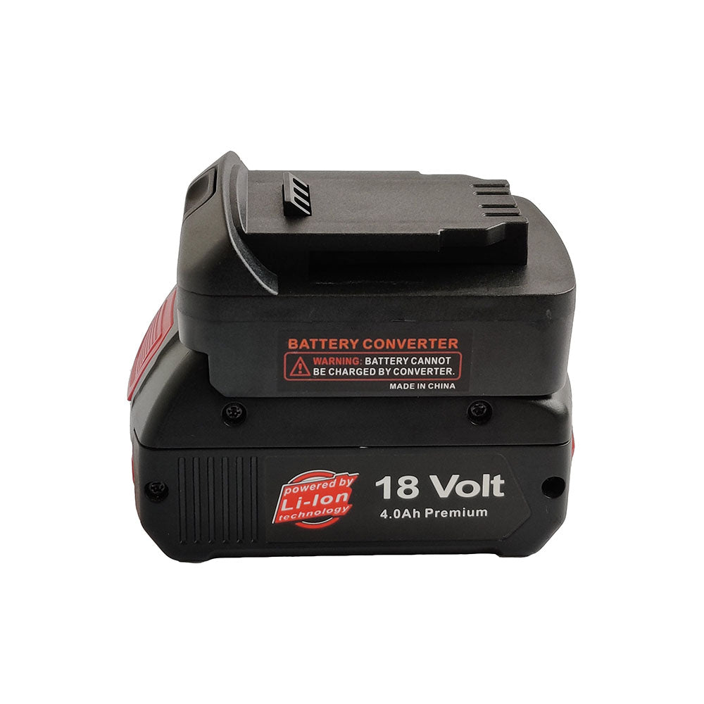 Bosch 18V GBA (Blue) to DeWalt 20V MAX battery adapter - fitted to the battery, converter warning label in view