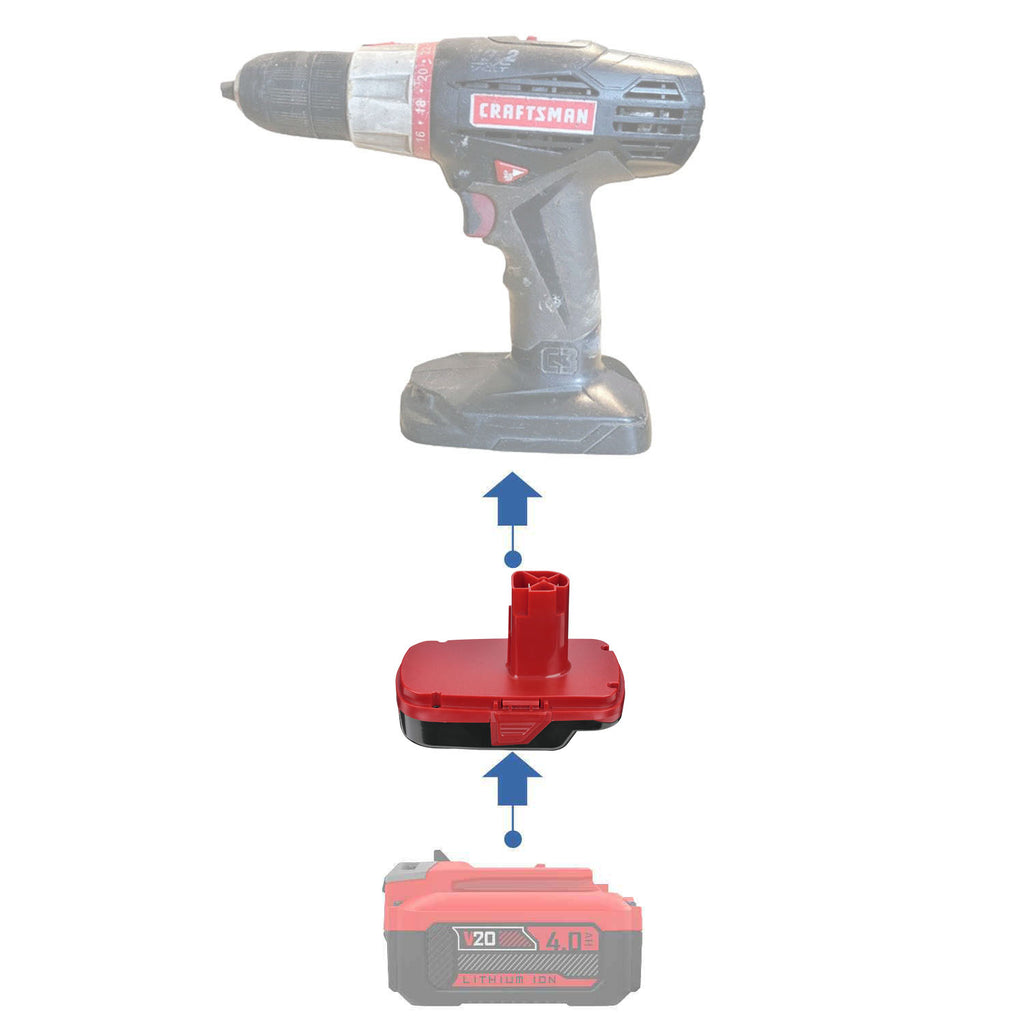 Craftsman 20V to Craftsman 19.2V C3 Ni-Cd battery adapter - compatibility diagram showing battery, adapter and drill
