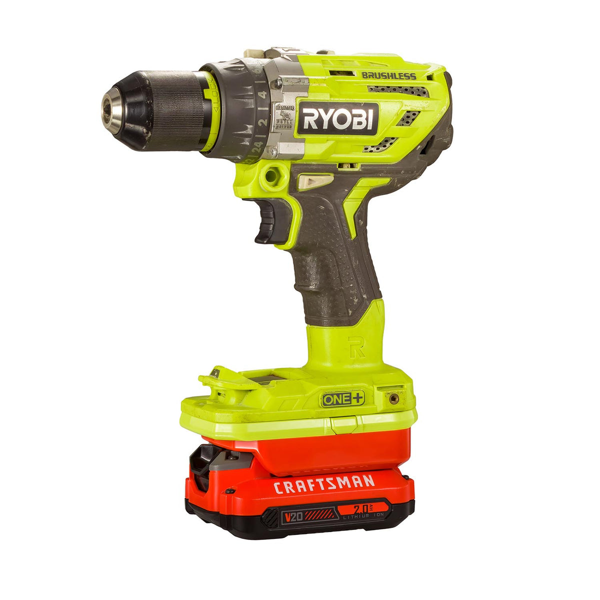 Craftsman 20V to Ryobi 18V ONE+ battery adapter - installed on a brushless drill, battery beneath the adapter