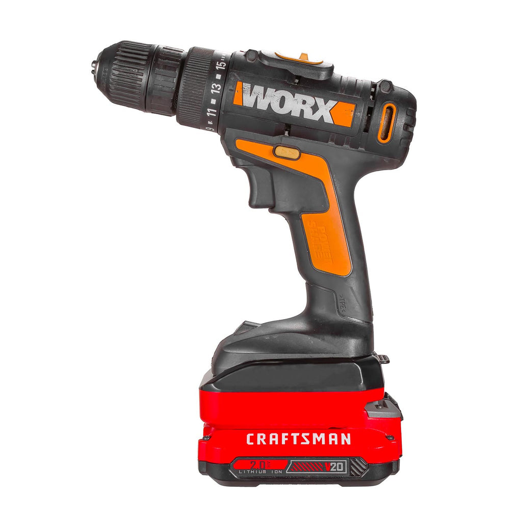 Craftsman 20V to WORX 20V PowerShare (Orange) battery adapter - fitted to the Craftsman 20V battery, drill installed