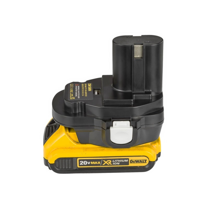 DeWalt 20V MAX to Makita 18V Ni-Cd/Ni-MH battery adapter - fitted to the battery, Makita tool-side post above the USB port