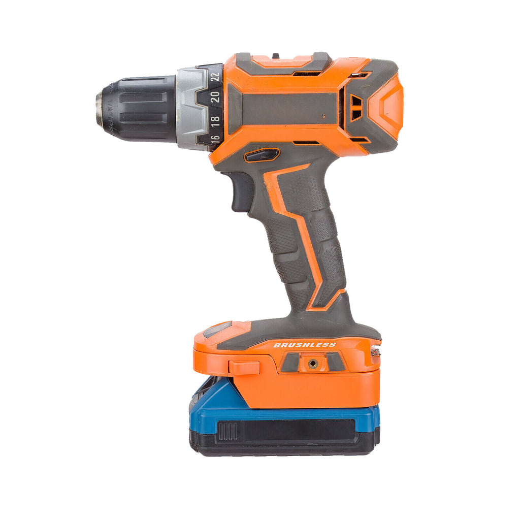 Hercules 20V to AEG 18V battery adapter - installed on a brushless drill driver, seated on a battery pack