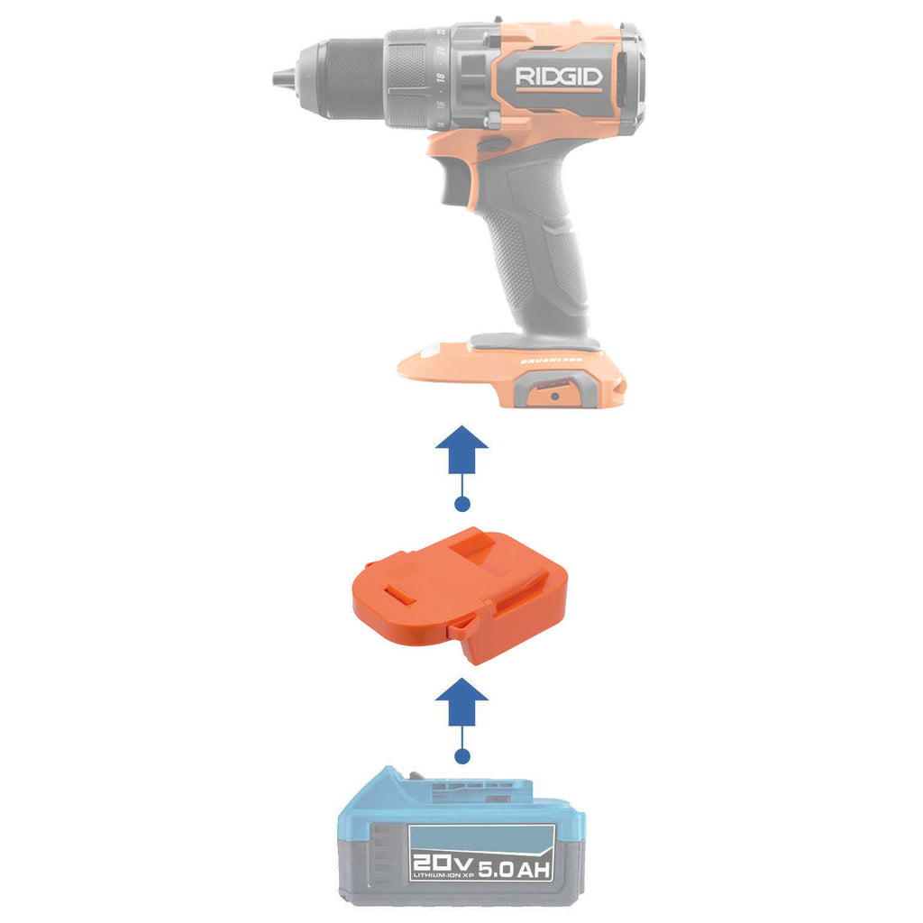 Hercules 20V to RIDGID 18V battery adapter - compatibility diagram showing battery, adapter and drill driver