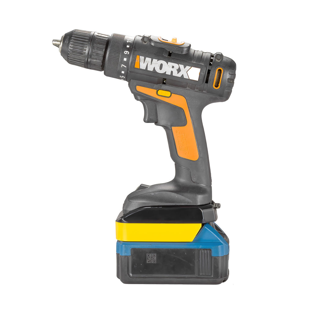 Hercules 20V to WORX 20V PowerShare (Orange) battery adapter - fitted to the Hercules 20V battery, drill installed