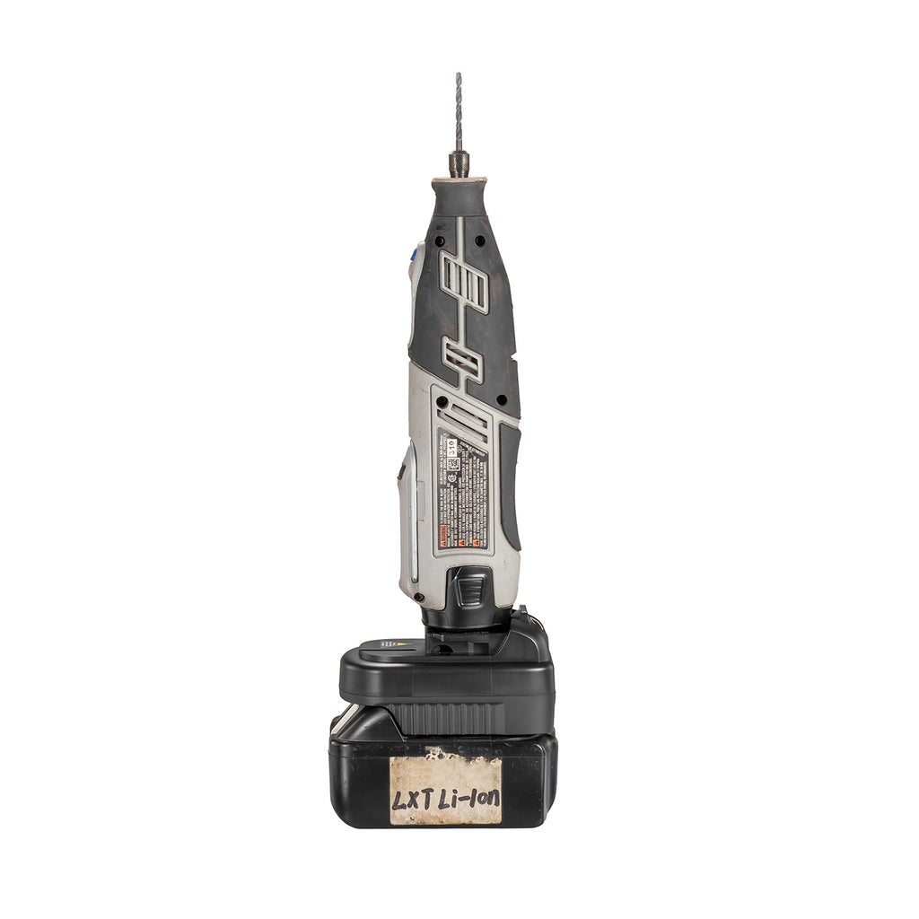 Makita 18V LXT to Dremel 12V 8220/8250 battery adapter - rotary tool installed on the adapter, battery fitted below