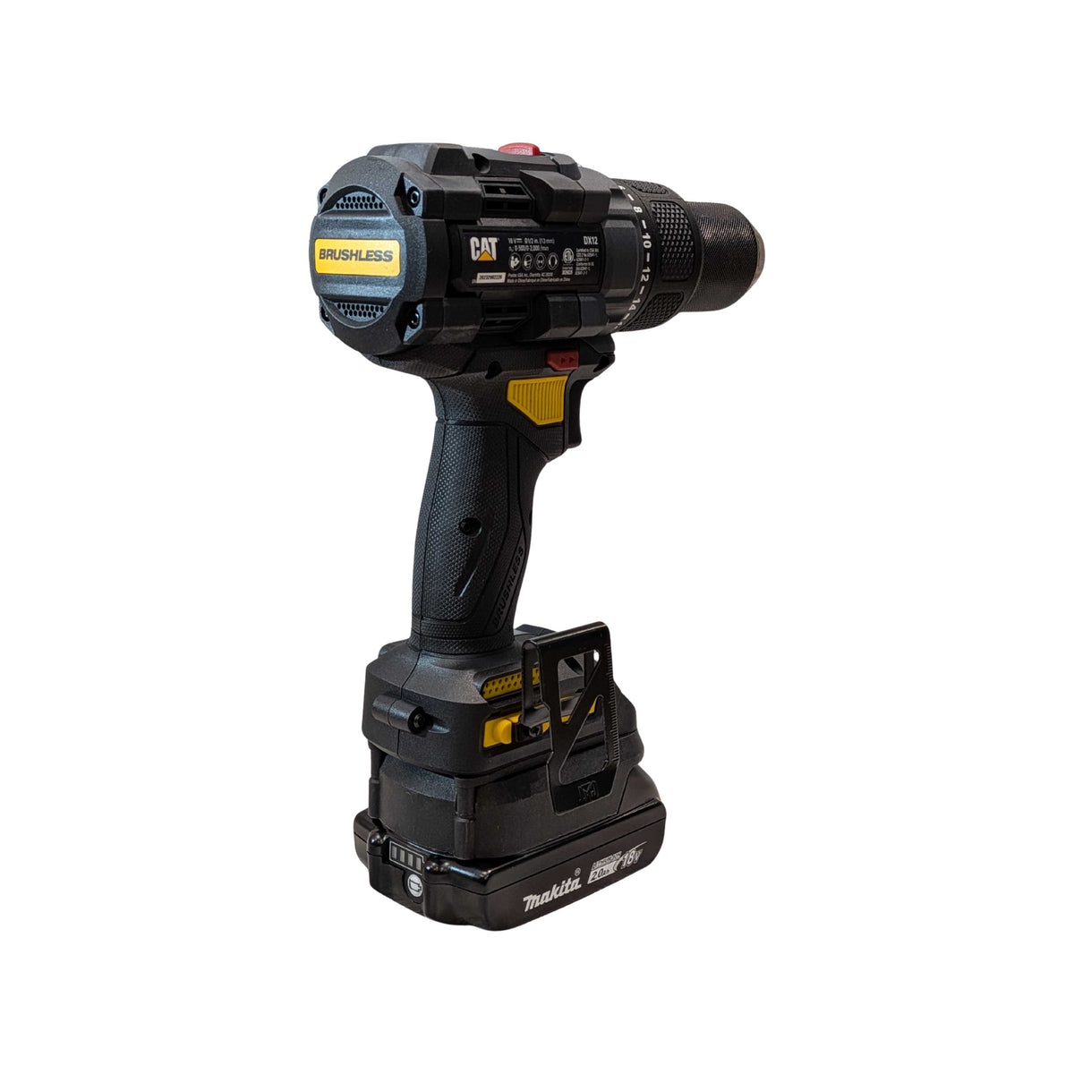 Makita 18V LXT to CAT 18V battery adapter - rear view installed on a drill driver with the battery fitted below