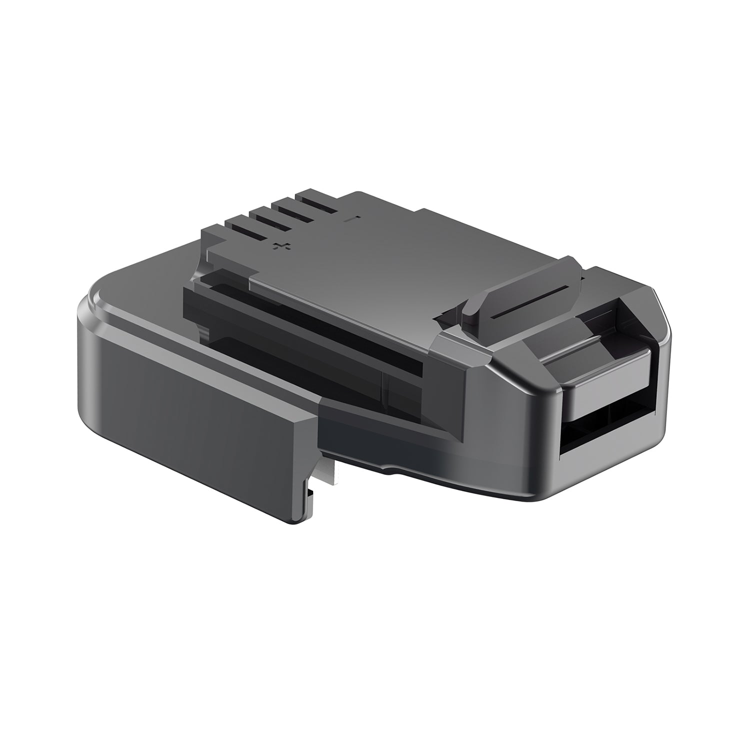 Makita 18V LXT to Craftsman 20V Bolt-On battery adapter - side view showing both connections, tool-side terminal comb on top