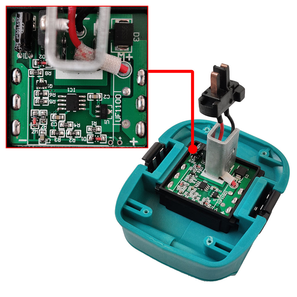 Makita 18V LXT to DeWalt 18V Ni-Cd battery adapter - cutaway showing the internal circuit board, with a magnified inset