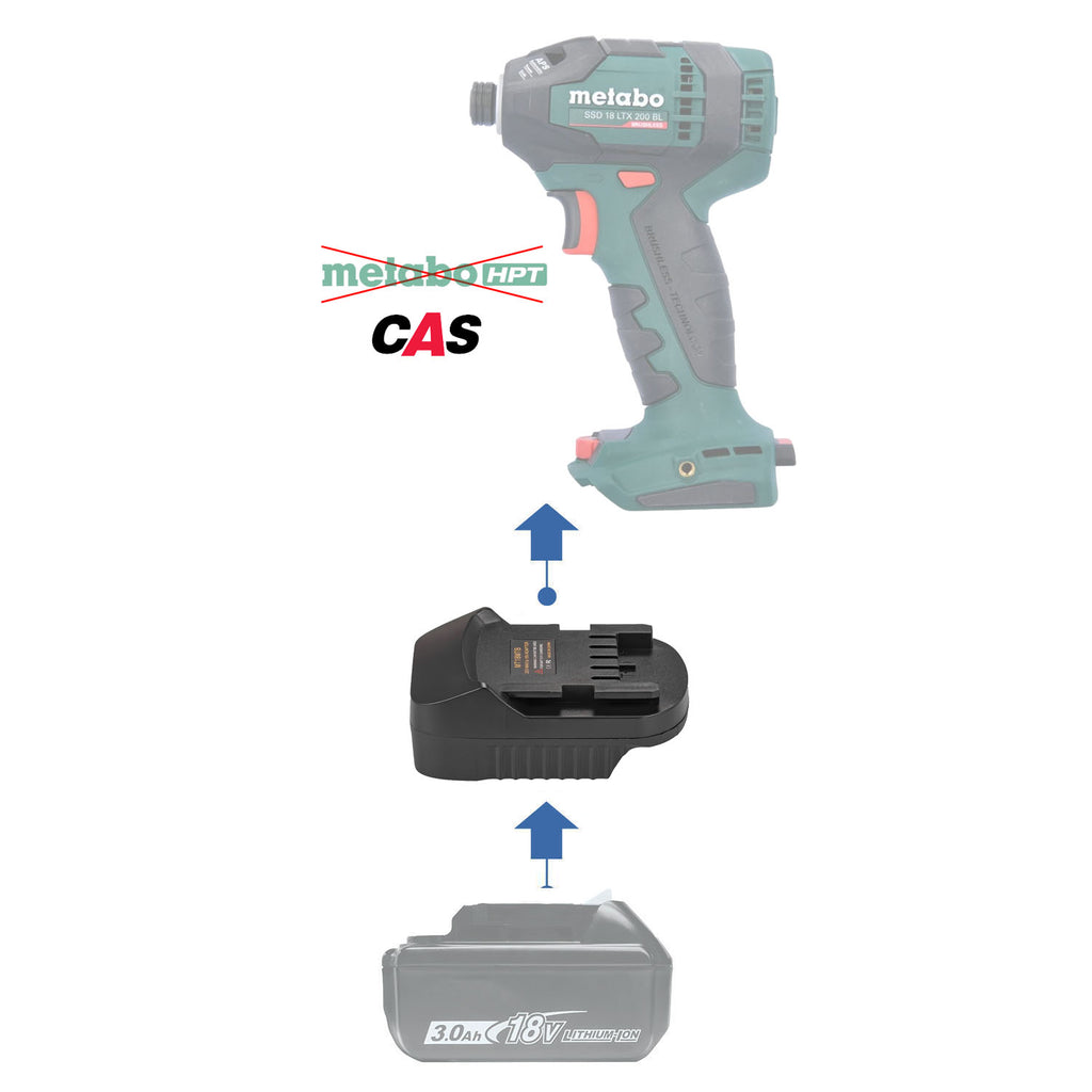 Makita 18V LXT to Metabo CAS 18V battery adapter - compatibility diagram showing battery, adapter and impact driver