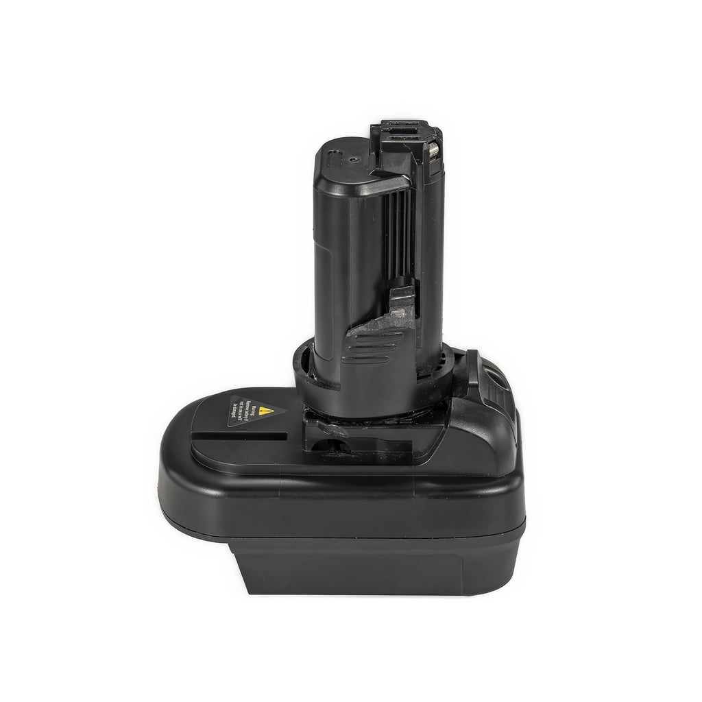 Milwaukee M18 to Bosch 12V battery adapter - front view, tool-side stem centred above the body