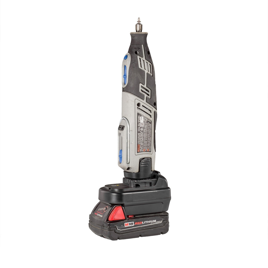 Milwaukee M18 to Dremel 12V 8220/8250 battery adapter - rotary tool installed on the adapter, battery fitted below