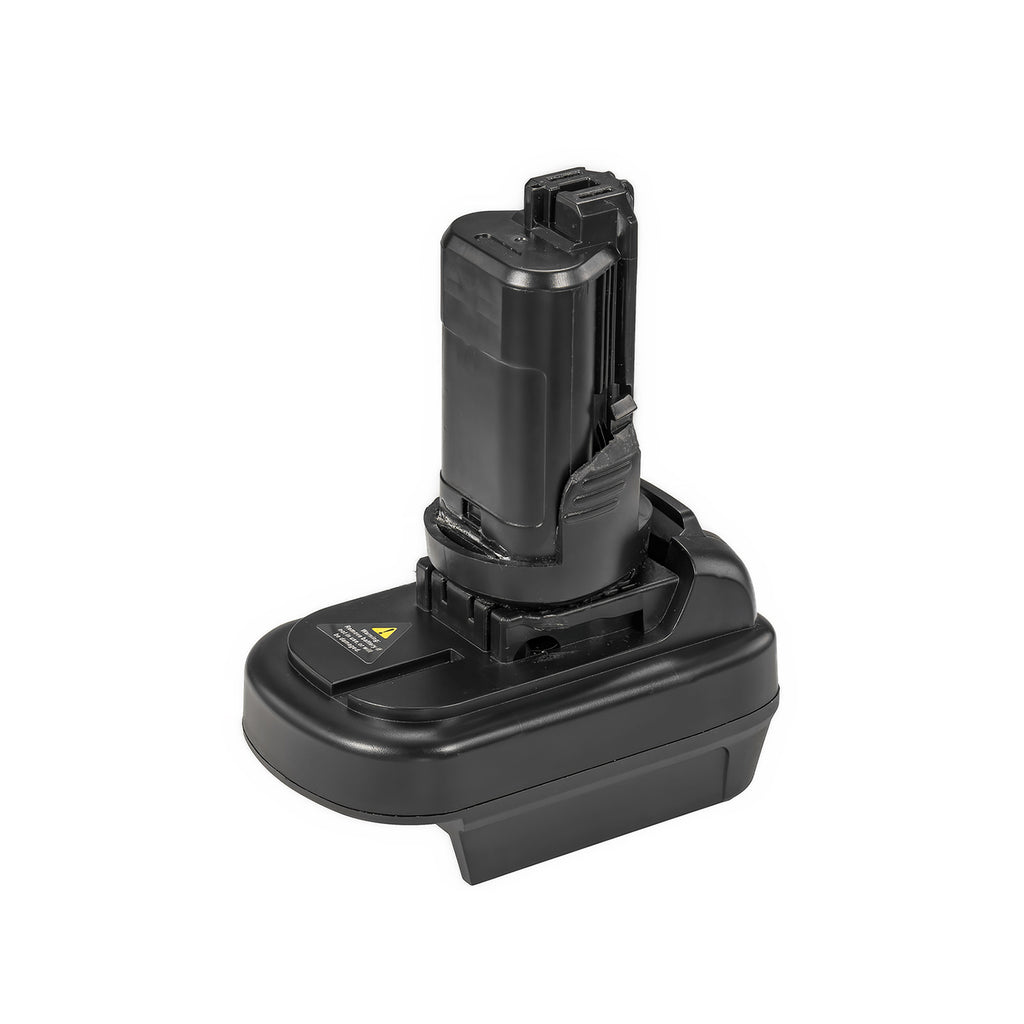 Milwaukee M18 to Dremel 12V 8220/8250 battery adapter - tool-side stem upright on the body, three-quarter view