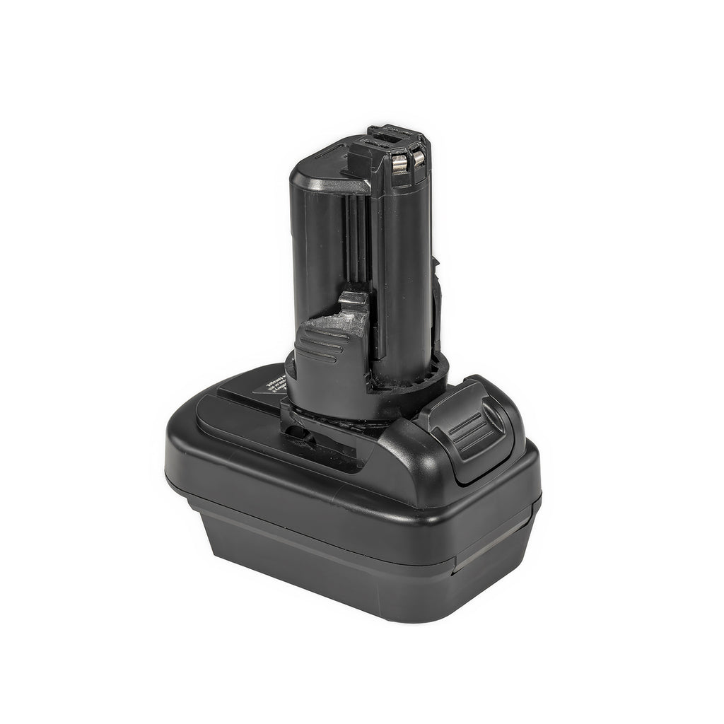 Milwaukee M18 to Dremel 12V 8220/8250 battery adapter - tool-side stem above the body, ribbed release catch at the side