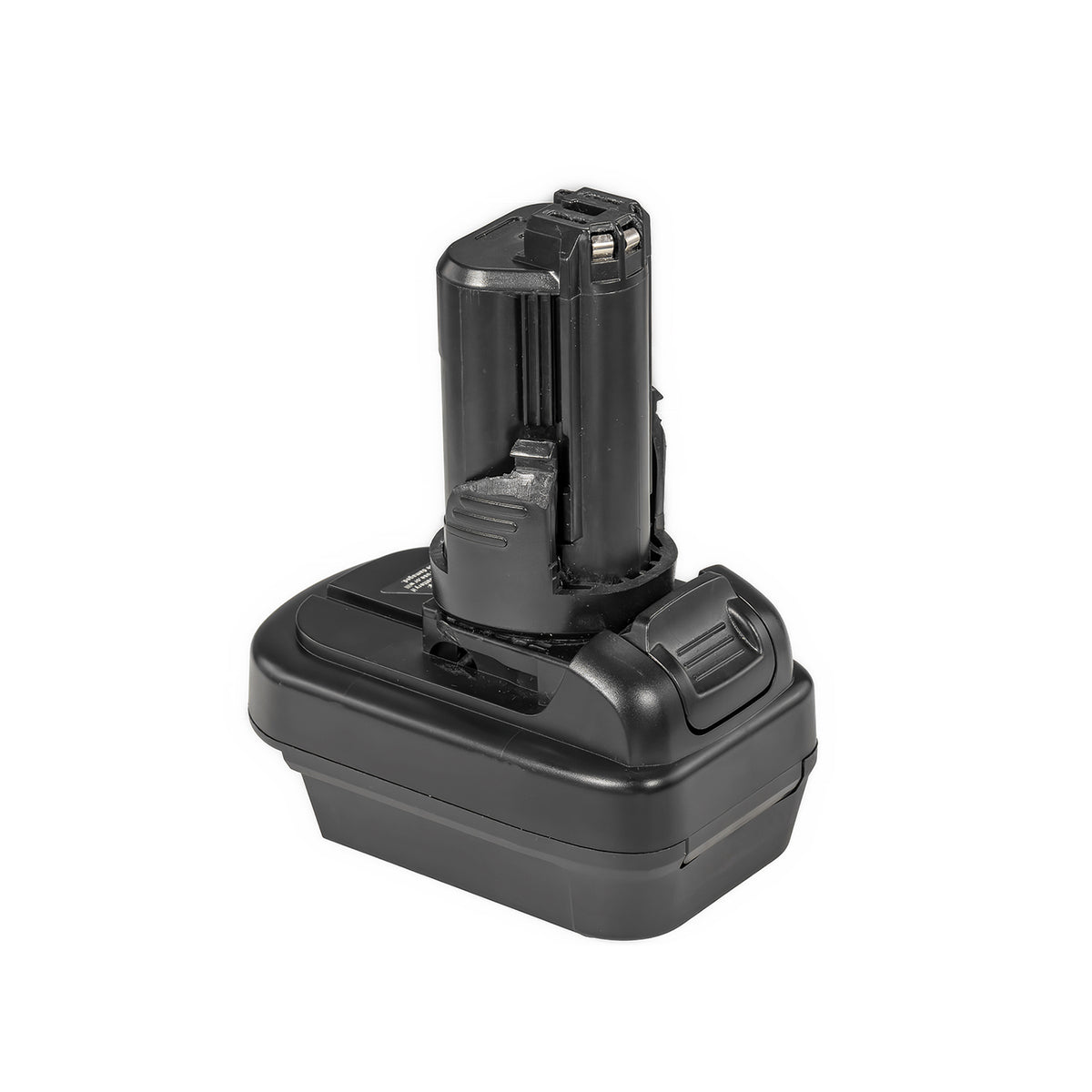 Milwaukee M18 to Dremel 12V 8220/8250 battery adapter - tool-side stem above the body, ribbed release catch at the side