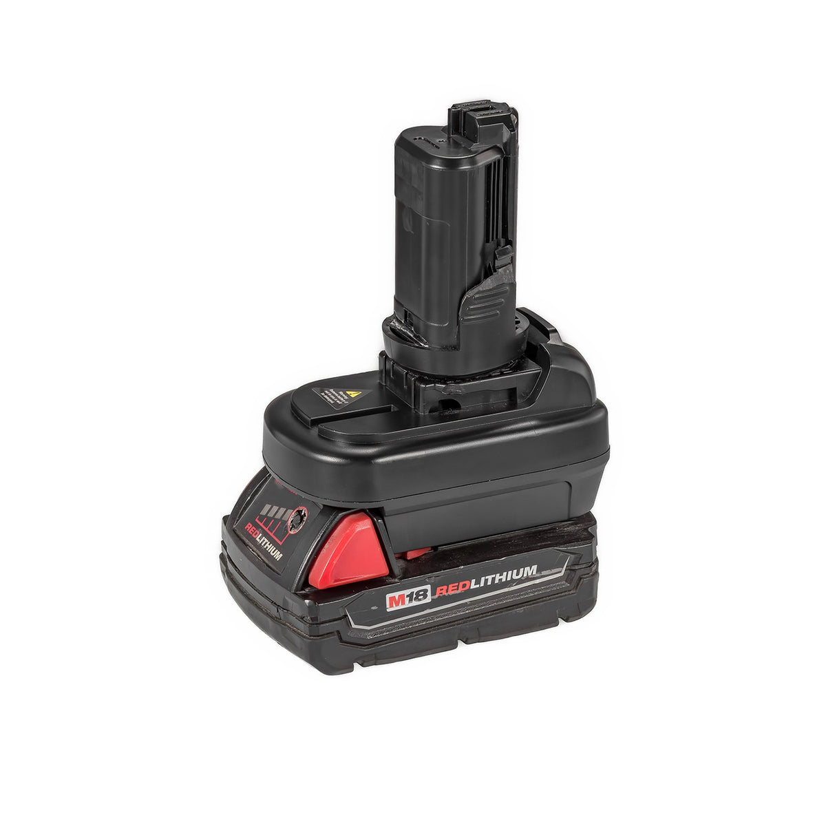 Milwaukee M18 to Dremel 12V 8220/8250 battery adapter - fitted to the Milwaukee M18 battery, Dremel 12V tool-side post upward