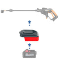 Milwaukee M18 to WORX 20V PowerShare (Orange) battery adapter - compatibility diagram showing battery, adapter and sprayer