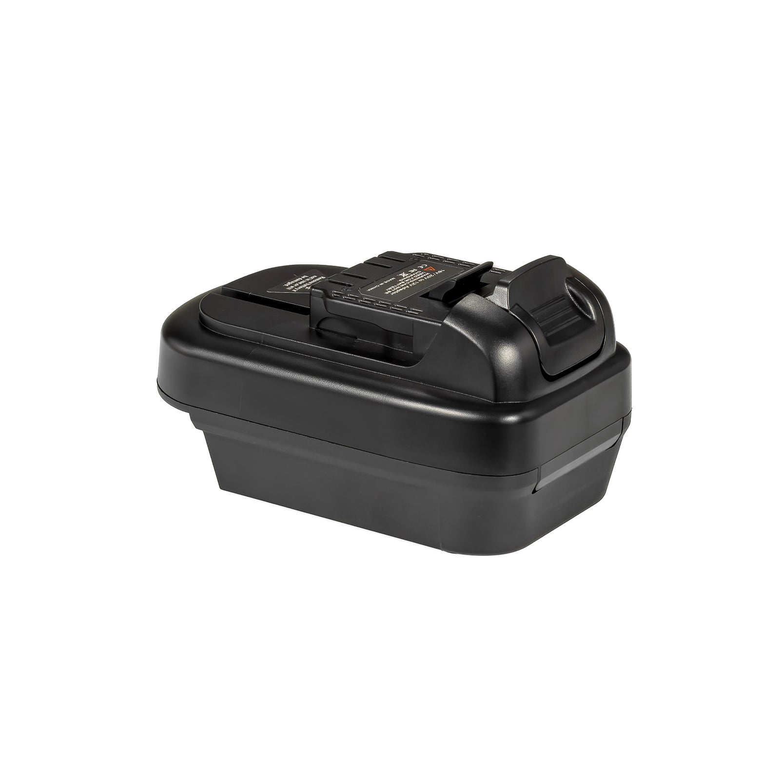 Milwaukee M18 to DeWalt 12V MAX battery adapter - 12V MAX tool-side connection, ribbed release button, printed label