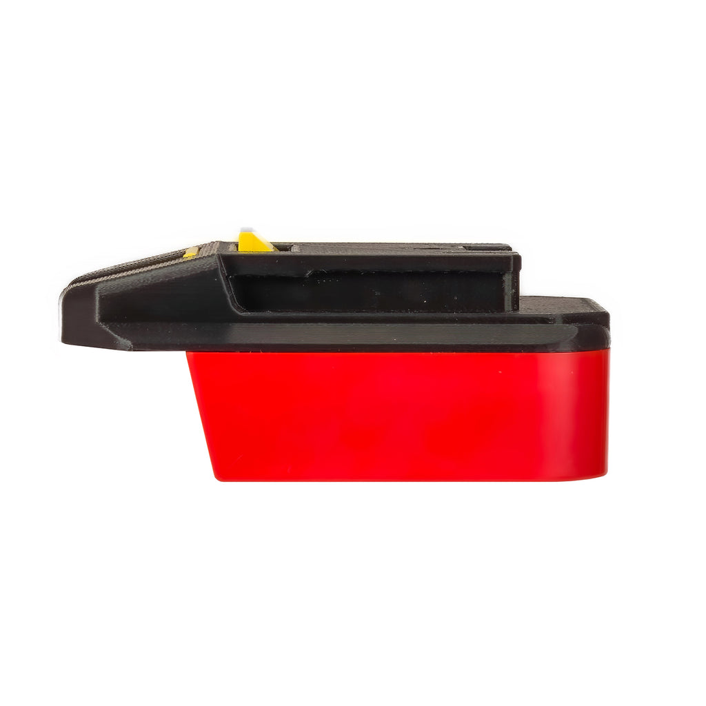 Milwaukee M18 to Hart 20V battery adapter - side view, tool-side rail channel above the battery-side body