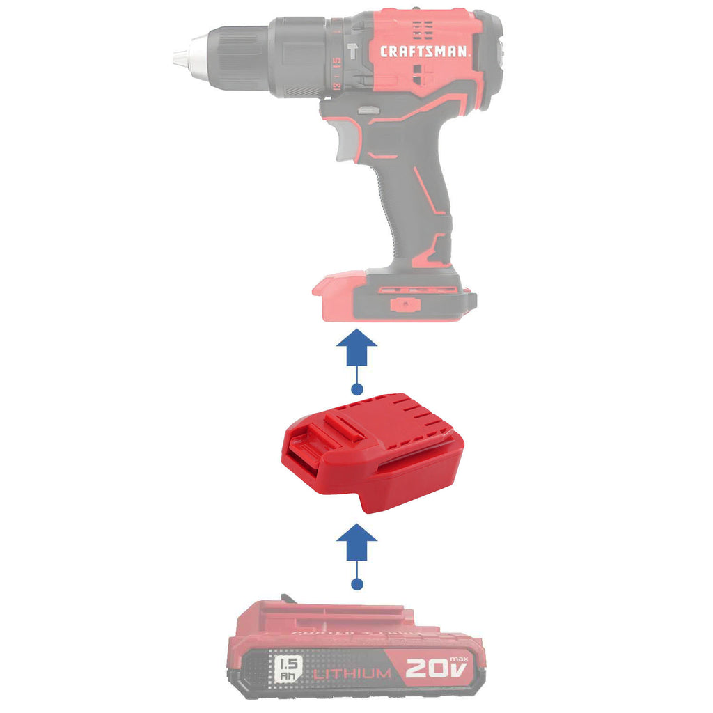 Porter Cable 20V to Craftsman 20V battery adapter - compatibility diagram showing battery, adapter and hammer drill