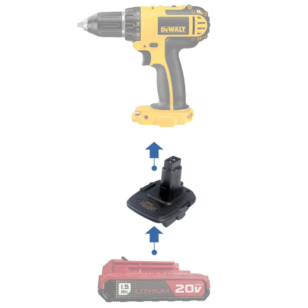Porter Cable 20V to DeWalt 18V Ni-Cd battery adapter - compatibility diagram showing battery, adapter and drill
