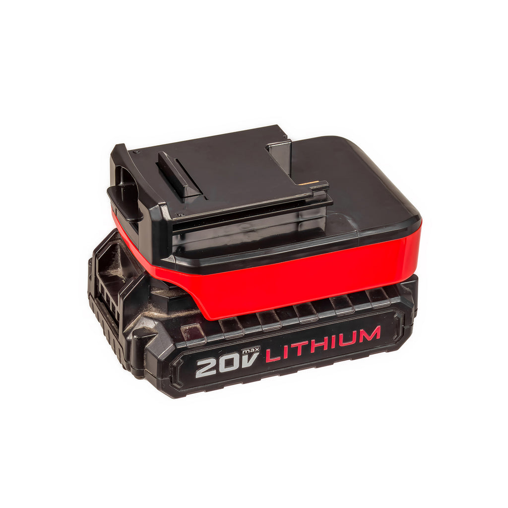 Porter Cable 20V to Porter Cable 18V Ni-Cd battery adapter - fitted to the Porter Cable 20V battery, tool-side rails upward