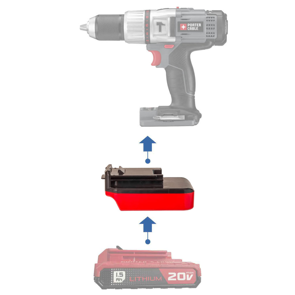 Porter Cable 20V to Porter Cable 18V Ni-Cd battery adapter - compatibility diagram showing battery, adapter and drill