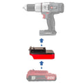 Porter Cable 20V to Porter Cable 18V Ni-Cd battery adapter - compatibility diagram showing battery, adapter and drill