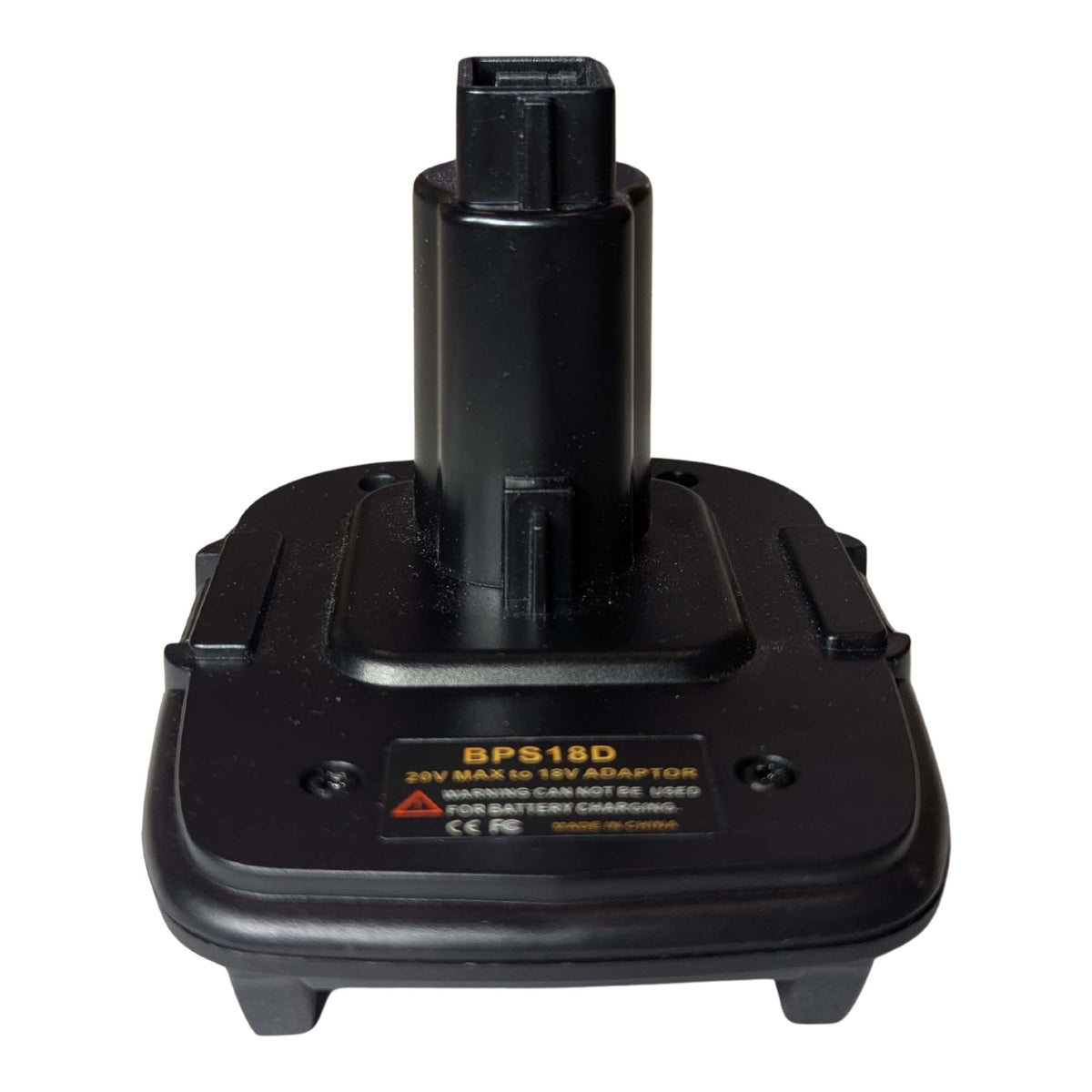 Porter Cable 20V to DeWalt 18V Ni-Cd battery adapter - front view with the tool-side post upright