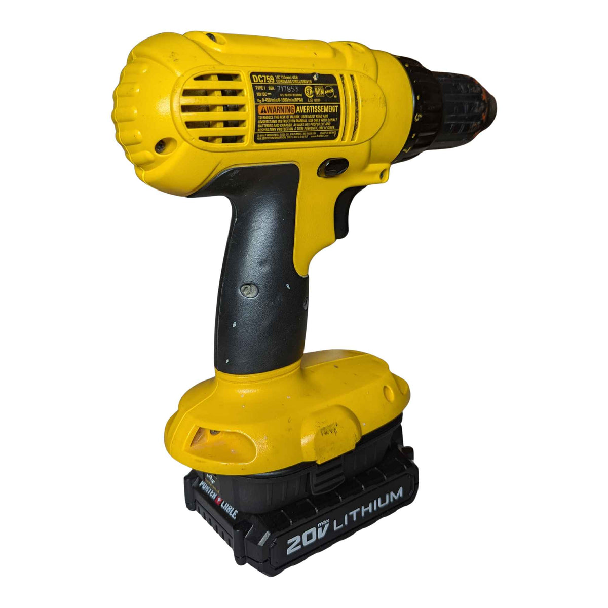Porter Cable 20V to DeWalt 18V Ni-Cd battery adapter - installed on a drill, rear view