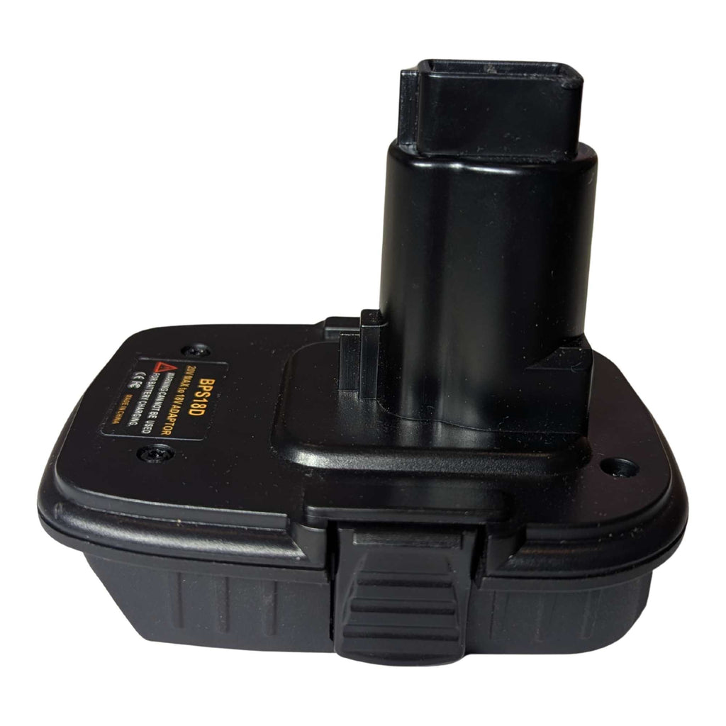 Porter Cable 20V to DeWalt 18V Ni-Cd battery adapter - side view showing the tool-side post and the release catch