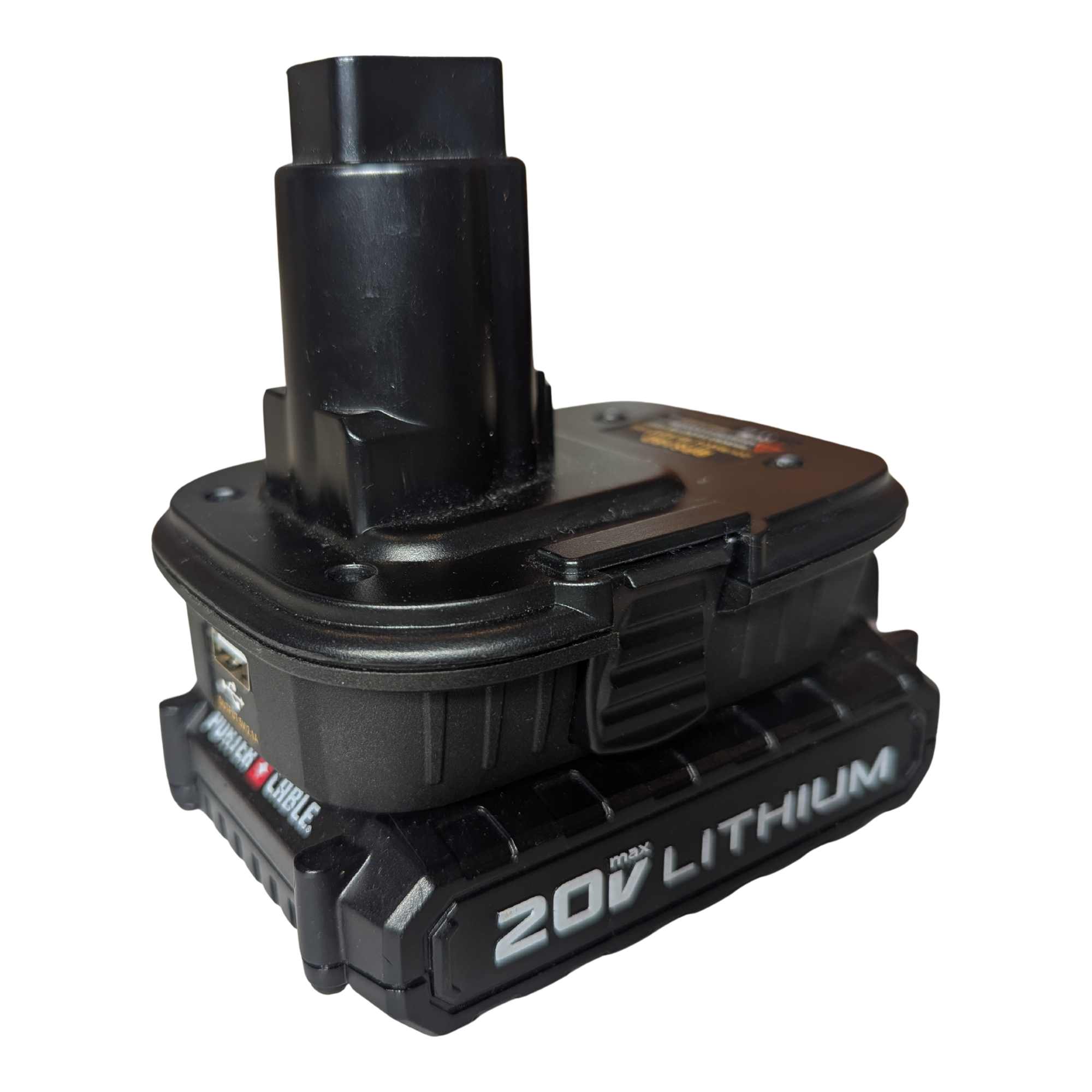 Porter Cable 20V to DeWalt 18V Ni-Cd battery adapter - fitted to the Porter Cable 20V battery, tool-side post upward